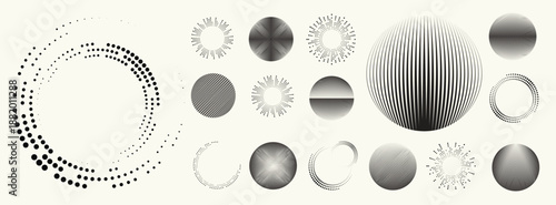 Abstract circular halftones element set, geometric dotted ring and spiral circle shapes for modern design, technology, or motion graphic backgrounds. Dotted round elements, radial spirals, and vortex.