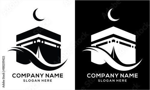 Kaaba with Crescent Moon and Wave Logo Design.
