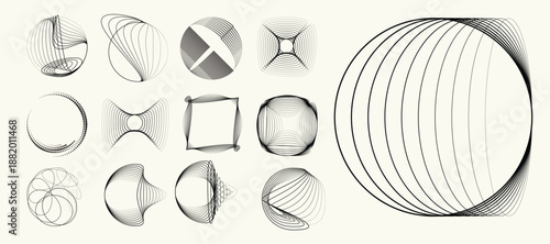 Abstract circular halftones element set, geometric dotted ring and spiral circle shapes for modern design, technology, or motion graphic backgrounds. Dotted round elements, radial spirals, and vortex.