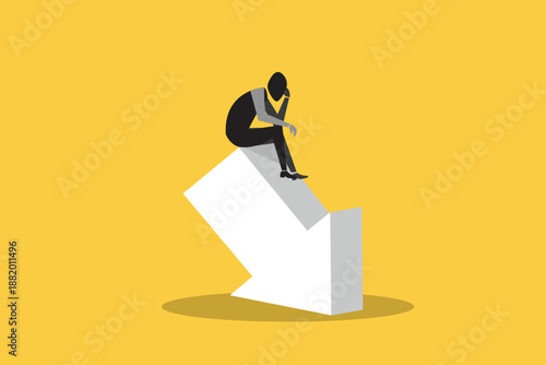 Business and financial crisis vector concept with businessman sitting on arrow falling down. Symbol of market crash, recession, risk, bankruptcy and loss. Eps10 illustration