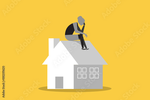 Office worker man sitting depressed on his house. concept of overpay in real estate and house mortgage. Flat tiny house purchase debt person