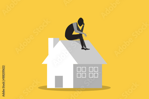 Office worker man sitting depressed on his house. concept of overpay in real estate and house mortgage. Flat tiny house purchase debt person