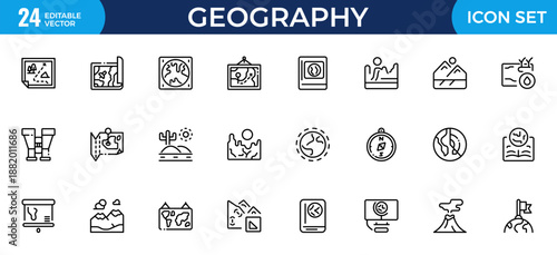 Geography Line Icon Set – Thin Outline Symbols of Earth, Geology, Geological Research and Mining, Modern Minimal Thin Line Vector Icons Pack