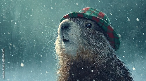 Groundhog phil wearing a festive plaid hat during a snowfall, looking expectant while predicting winter weather for the traditional groundhog day celebration © Oleh