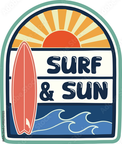 Retro color style surf vector graphic featuring waves, sun and surfboard with Surf & Sun text design for t-shirt prints, posters and stickers.eps
