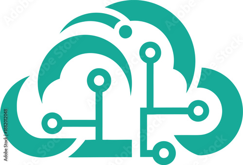 Cloud computing concept illustration with abstract cloud shapes and circuit board elements in a modern design