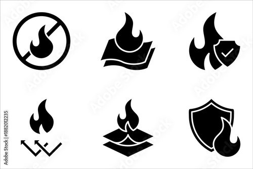 fireproof icon set, fire resistant, vector illustration on white background