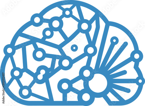 Complex network structure illustration showcasing interconnected nodes and lines in a cloud shape, representing technology and innovation from a top viewpoint.
