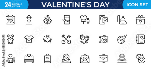 Valentine’s Day Editable Stroke Outline Icon Set – Thin Linear Love, Romance and Heart Icons Pack, Modern Minimal Vector Illustration for Web, App and UI Design