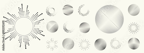Abstract circular halftones element set, geometric dotted ring and spiral circle shapes for modern design, technology, or motion graphic backgrounds. Dotted round elements, radial spirals, and vortex.