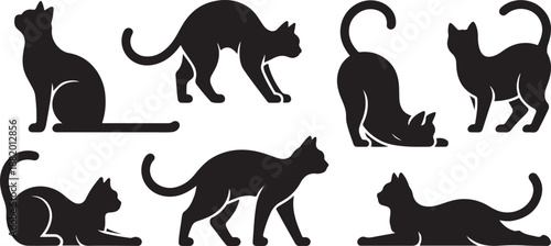 Black cat silhouettes in various poses,. silhouette vector illustration with white background.