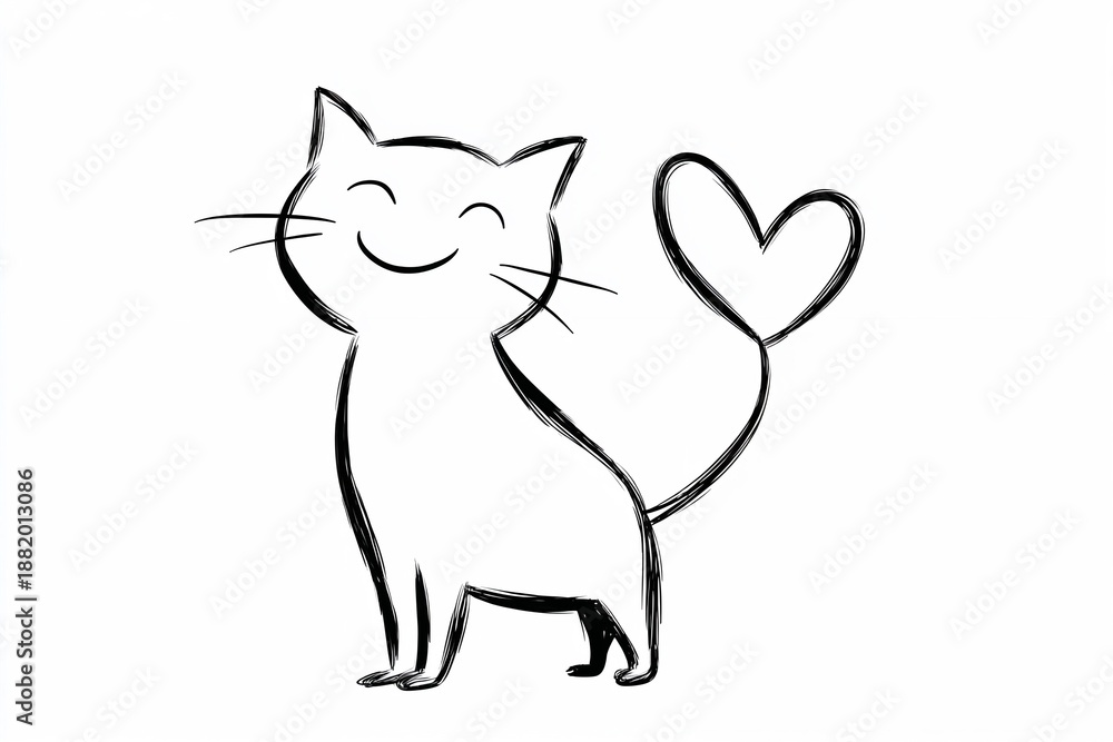 Fototapeta premium Minimal line art of smiling cat with heart-shaped tail