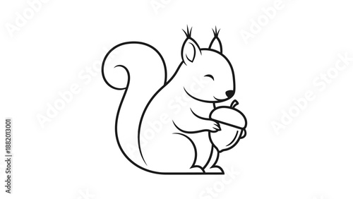 Cute Line Art Squirrel Happily Holding an Acorn, Isolated White Background