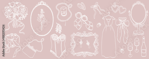 Hand drawn wedding ceremony illustrations. Bride icons in baroque or rococo style with whimsy elegant frames and pearl with lace decorations. Wedding borders and elements for invitations and menus.