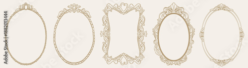 Whimsical baroque or rococo frames and renaissance borders. Oval shapes with vintage victorian elegance decorated with whimsy lines and squiggles perfect for wedding invitation cards, scrapbooking.