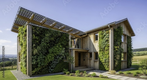 Wallpaper Mural Sustainable Wooden House with Living Walls and Solar Panels in a Sunny Countryside Landscape Torontodigital.ca