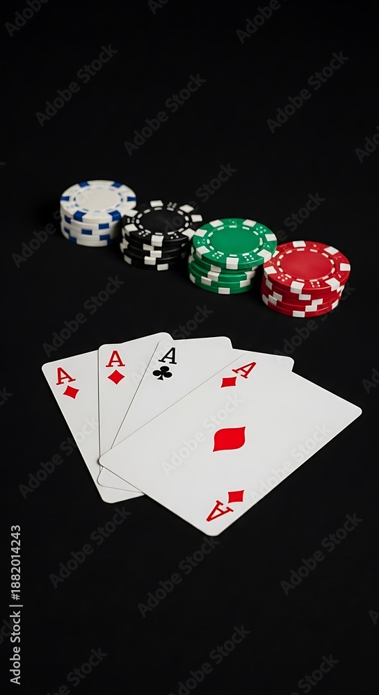 Obraz premium Aces High - Poker Hand with Chips on Black Background, Casino Night.
