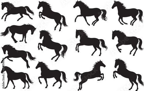 Set of silhouette of horses. Isolated black silhouette of galloping, jumping running, trotting, rearing horse. silhouette vector illustration with white background.