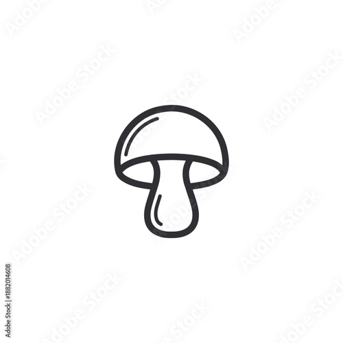 Minimal black and white line drawing of a mushroom with rounded cap and thick stem. Perfect for food icons, nature graphics, botanical design, stickers, logos, or digital illustrations.
