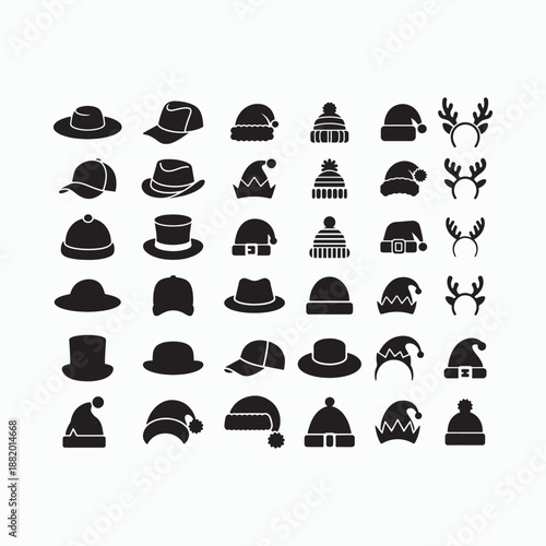 Winter hat silhouette icon set with beanies, caps and festive headwear