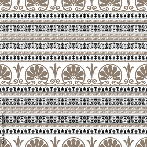 Seamless background pattern. Tribal ethnic vector texture. Aztec style. Seamless vector pattern with greek ornaments. Сlassical Greek borders: meander, palmette, and ornate golden black floral pattern
