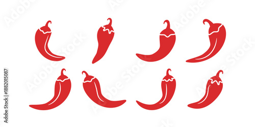 A collection of chili pepper icons in a simple red silhouette style, with different shapes and designs.