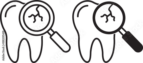Two simple black and white line art drawings of teeth with cracks examined under a magnifying glass.