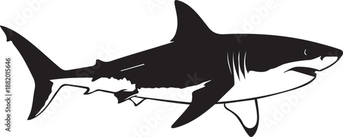 A black and white illustration of a shark swimming in the ocean