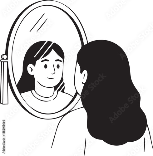 A woman looks at her reflection in a mirror with affirmations
