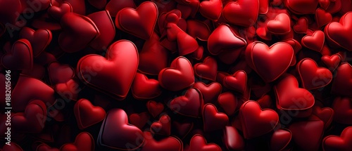 Pile of soft red hearts in various shapes and angles filling the frame, perfect for romantic background, valentines design