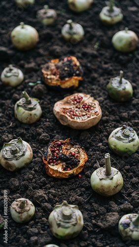 Wallpaper Mural Bulb onions planted in dark soil with some cut open showing interior. Torontodigital.ca