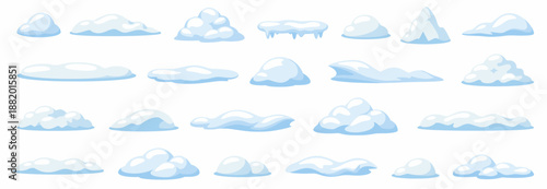 Snow vector collection. Set of cartoon snow piles, ice layers and winter ground elements isolated on white