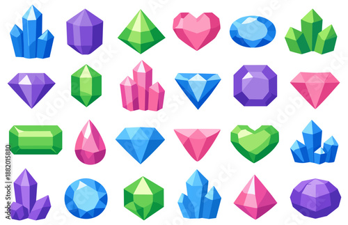 Crystal gems vector collection. Set of colorful cartoon crystals, gemstones and magic mineral shapes isolated on white