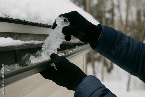 Gloved Hands Removing Ice From Roof Gutter Winter Home Maintenance Frozen Drainage Repair