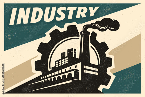 Industry poster vector artwork. Factory inside gear symbolizing manufacturing, production and industrial power