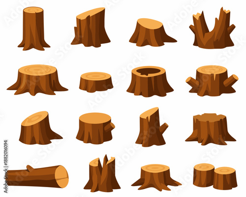 Tree stump vector collection. Set of cartoon wooden stumps, logs and cut tree elements isolated on white