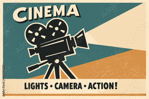 Cinema poster vector artwork. Retro movie camera with light beam and classic cinema typography composition