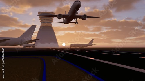 ULTRA HD. Airplane fly up over take-off runway from airport. Airplane flies in sunset sky. Travel, tourism.