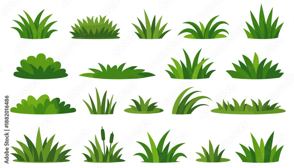 Fototapeta premium Grass vector collection. Set of cartoon grass tufts and lawn elements for nature scenes isolated on white