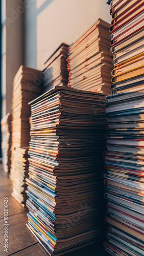 Wallpaper Mural Stacks of colorful magazines or newspapers arranged on a wooden surface. Torontodigital.ca