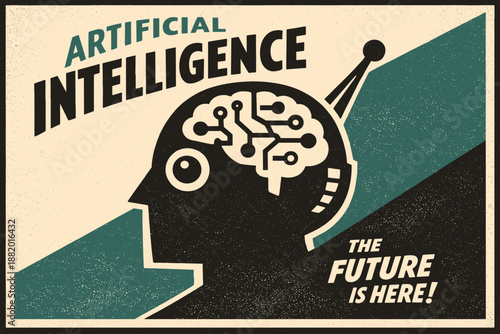 Artificial intelligence poster vector artwork. Human head with circuit brain symbolizing future technologies