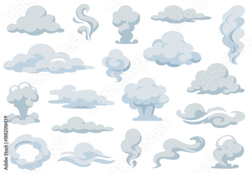 Smoke and cloud vector collection. Set of cartoon steam, fog, vapor and soft cloud shapes isolated on white