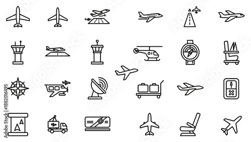 Airplane icons and transportation symbols.