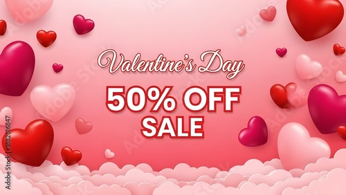 A Valentine's Day sale advertisement with hearts and a pink background
