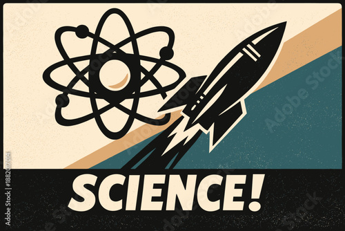 Science poster vector artwork. Atom and rocket symbolizing research, discovery and scientific progress