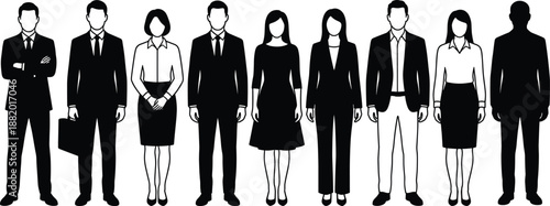 Silhouettes of eight business professionals standing in a row, representing corporate team, office diversity, leadership, recruitment, and professional workplace culture