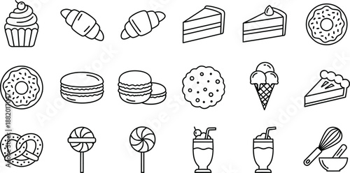 A collection of minimalist line art icons for bakery, dessert, and confectionery products