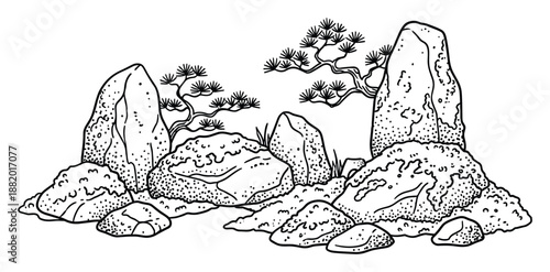 A bonsai garden landscape, black and white outline, features rocks, pebbles, and pine trees in a Japanese style.
