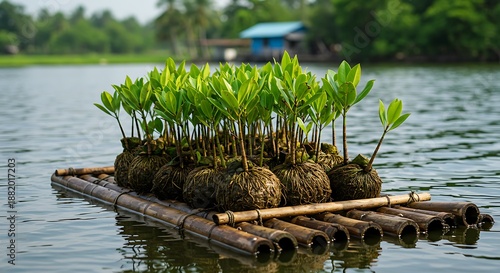 Floating bamboo platform with mangrove seedlings in water