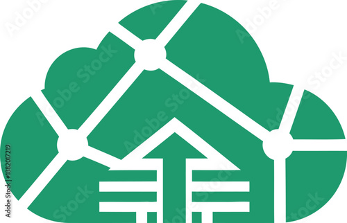 Stylized graphic representation of a house and cloud with upward arrow, symbolizing growth and ascension in a modern, abstract illustration style viewed from directly above.